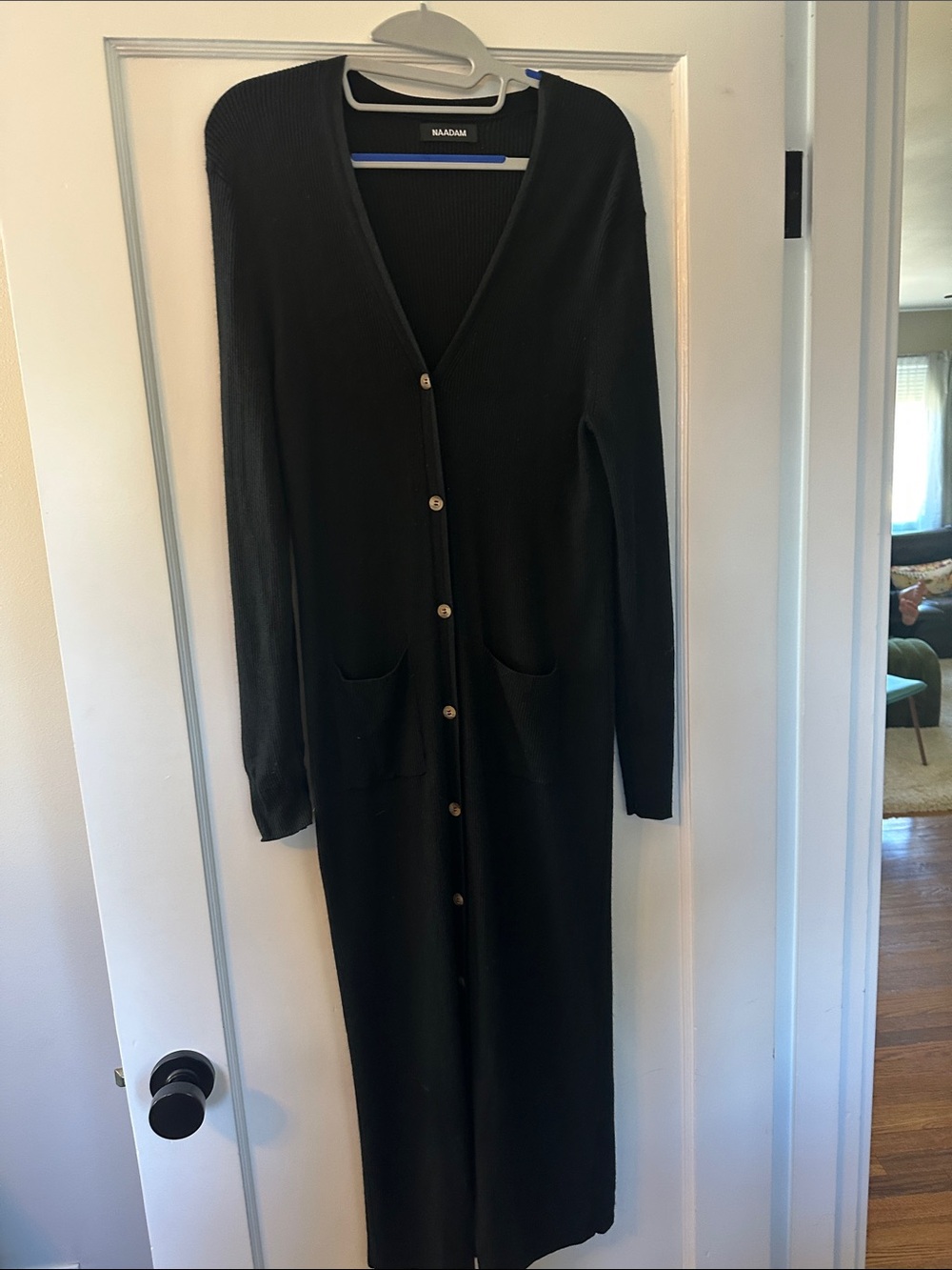 NAADAM Black Long Sleeve Button-Front Knit Maxi Dress